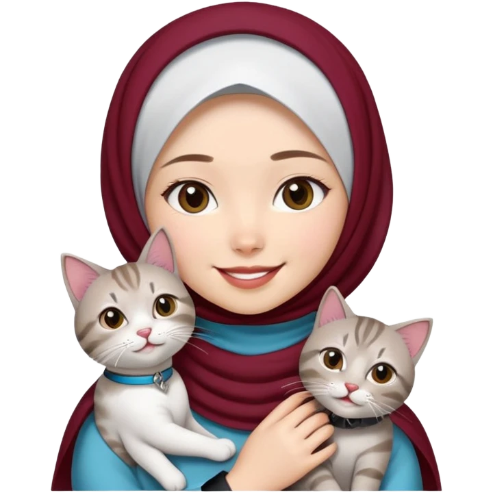 Asian White girl wearing cute maroon hijab and white dress holding a black grey tabby cat while smiling. The cat is wearing a blue collar emoji
