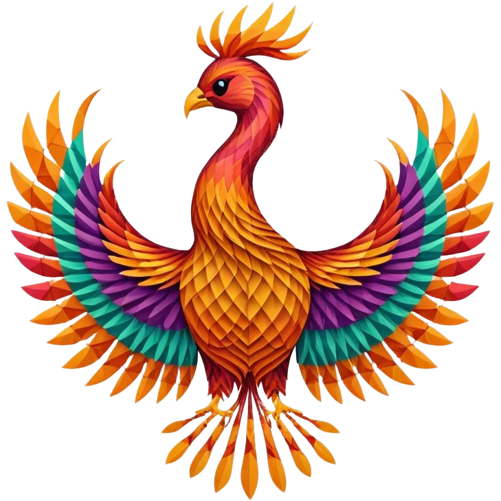 String art icon, large colorful phoenix bird in frontal view, intricate geometric patterns with threads, vibrant colors, minimalistic style, clean lines, transparent background. emoji