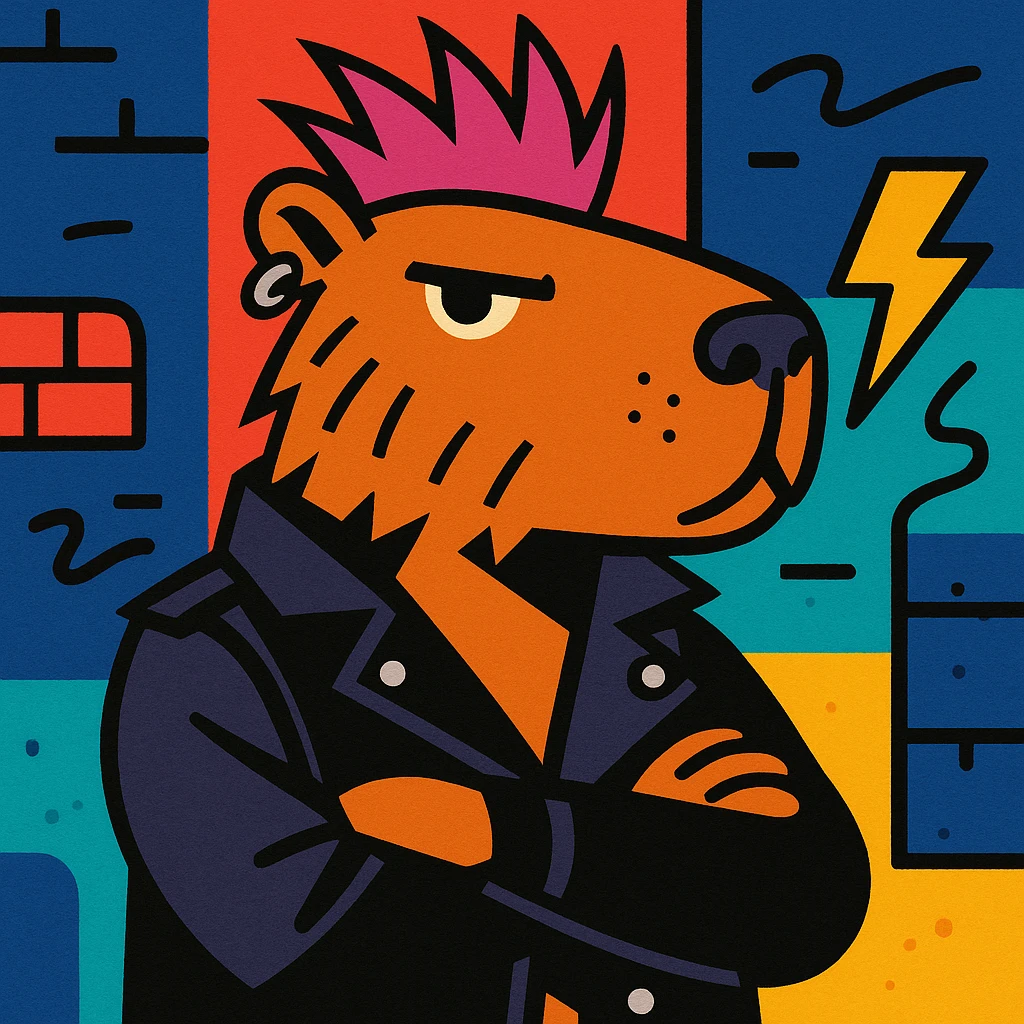 Chigüiro Punketo, a capybara with a punk style: mohawk, piercings, leather jacket, attitude, urban street style emoji