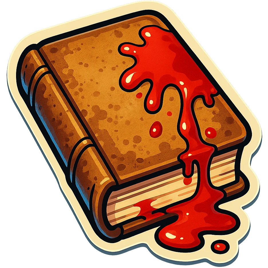 old book with blood, sharp black outlines, no gradients or smooth color transitions, clear shadows and highlights, retro stickers style emoji