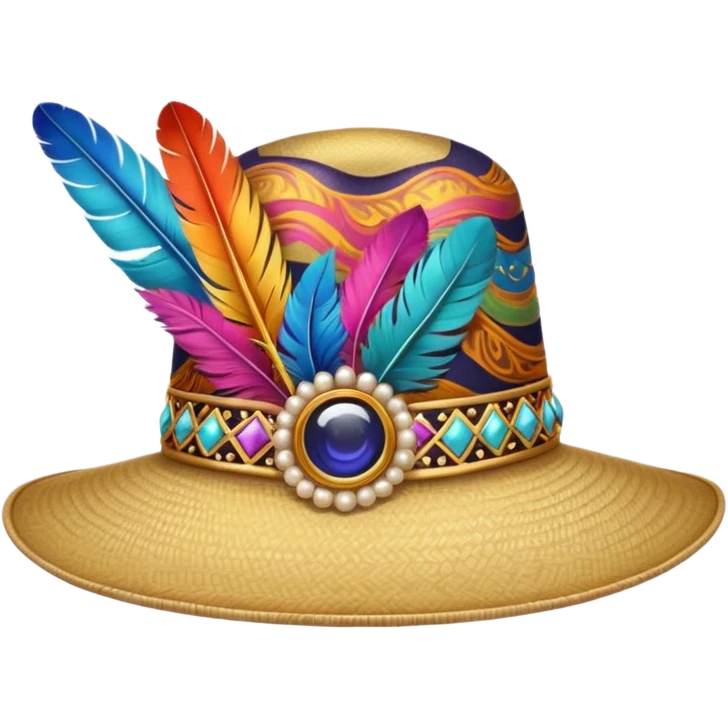 wide-brimmed hat with a colorful feather emoji