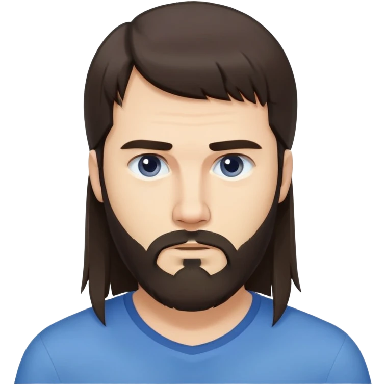 Caucasian man with long straight dark brown hair styled loose with fringe, medium-length hair, short full beard, neutral serious expression, simple blue shirt emoji