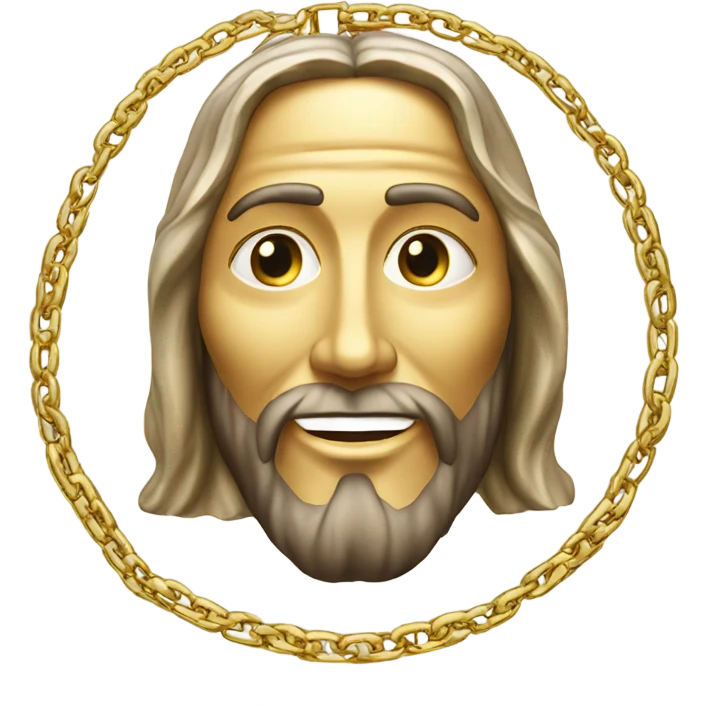 A gold chain attached to a gold and platinum medallion with the face of Jesus smiling. emoji