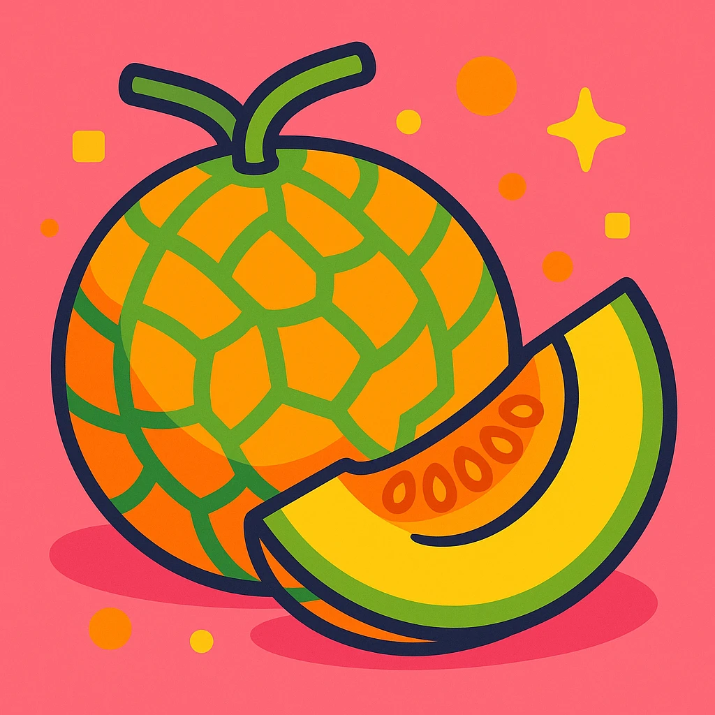 cartoon style cantaloupe fruit, bright colors, playful emoji