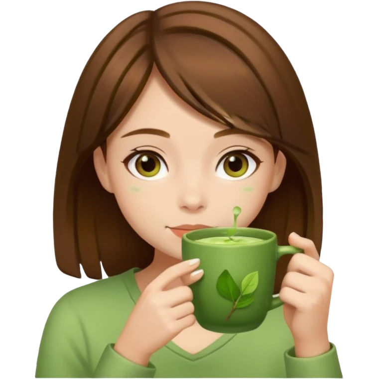 a girl with brown hair drinking matcha emoji