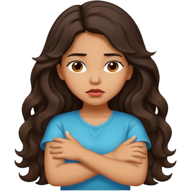Hispanic girl with long dark wavy hair crossing her arms while pouting  emoji
