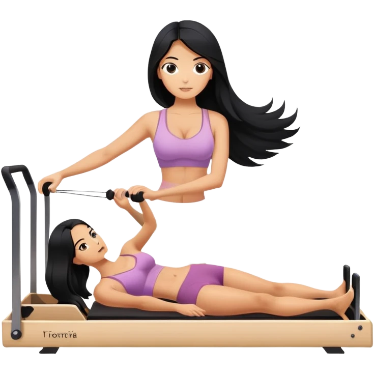 woman with bra, tanned long black hair, doing Pilates reformer emoji