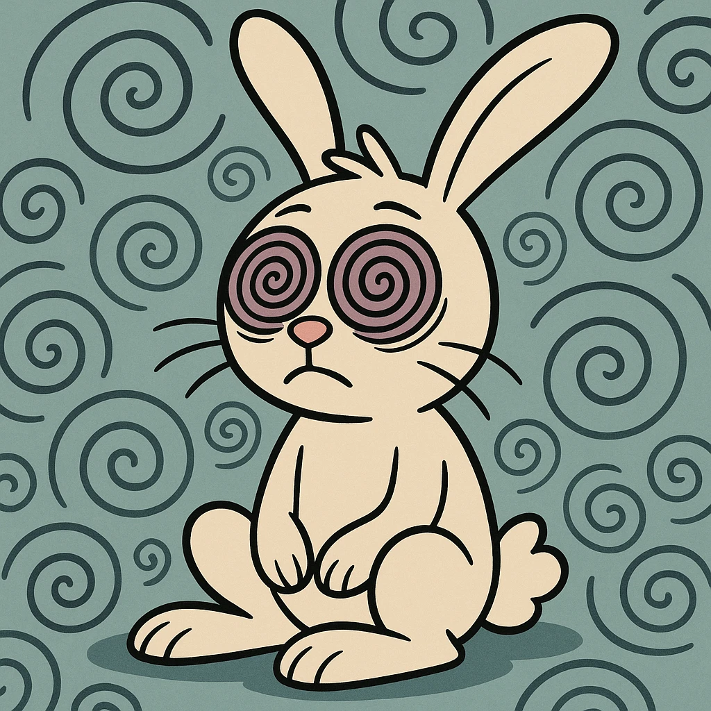 a rabbit with hypnotic spiral eyes, sitting in a trance, surrounded by swirling patterns, cartoon style emoji