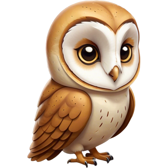 Cinematic Deep Thought Barn Owl Portrait Emoji, Head held high with a serene, contemplative gaze, showcasing its beautifully patterned plumage of white and brown, with eyes deeply focused as if pondering ancient secrets, Simplified yet majestically refined features, highly detailed, glowing with a soft, introspective light, high shine, poised and pensive, stylized with an air of profound wisdom, capturing the essence of an owl immersed in deep thought, so thoughtful it feels like it could silently whisper timeless wisdom from beyond the screen! emoji