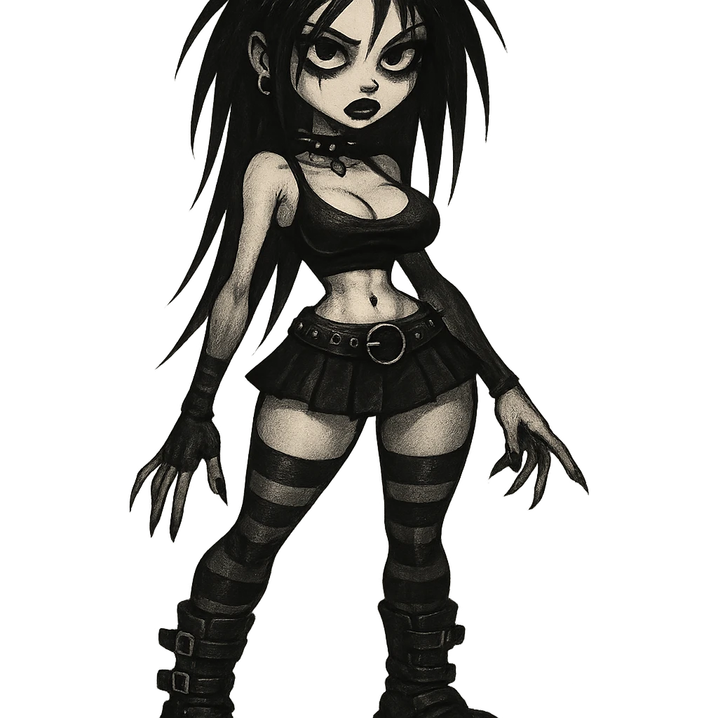 goth girl with exaggerated proportions in a dark, edgy style emoji