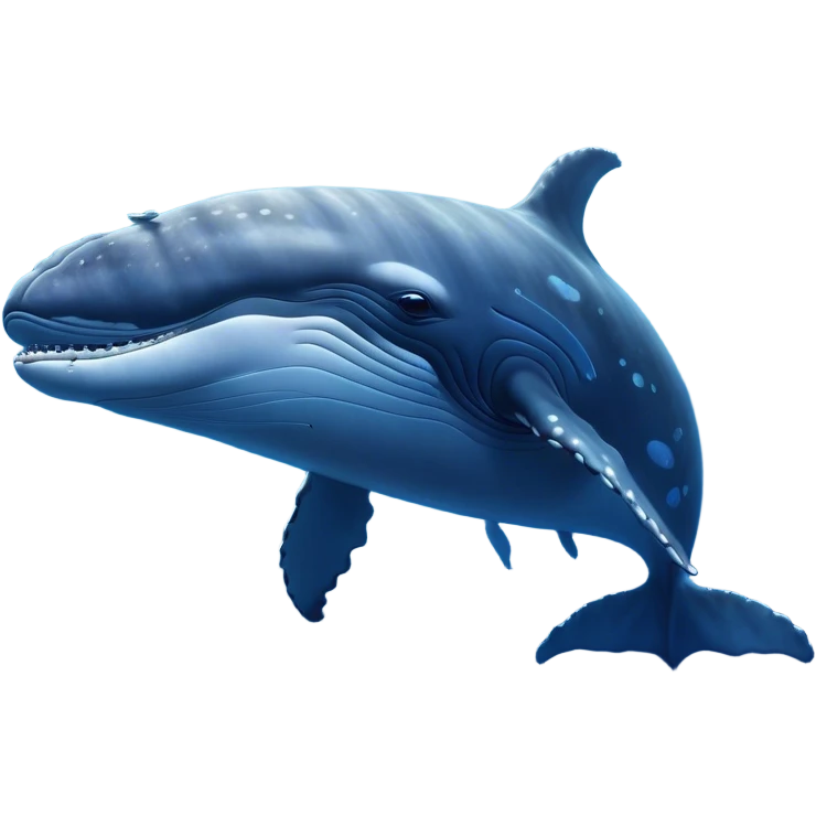 Cinematic Noble Humpback Whale Portrait Emoji, Poised and grand, with an enormous, barnacle-speckled blue-gray body, soulful, wise eyes, and a deeply serene presence, Simplified yet sharp and sophisticated features, highly detailed, glowing with a soft oceanic radiance, high shine, intelligent and powerful, stylized with an air of deep-sea mystery, focused and regal, soft glowing outline, capturing the essence of a legendary giant of the ocean that appears ready to glide majestically through the waves with effortless grace! emoji