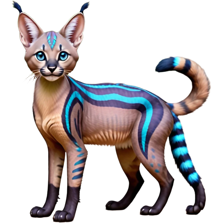A Colorful iridescent exotic tropical tribal cute happy realistic esoteric patterned fluffy furry dark caracal-Lykoi-bobcat-sphynx-genet-civet-Fakémon-fursona-hybrid-fusion-animal-creature, full body, 4-legged emoji