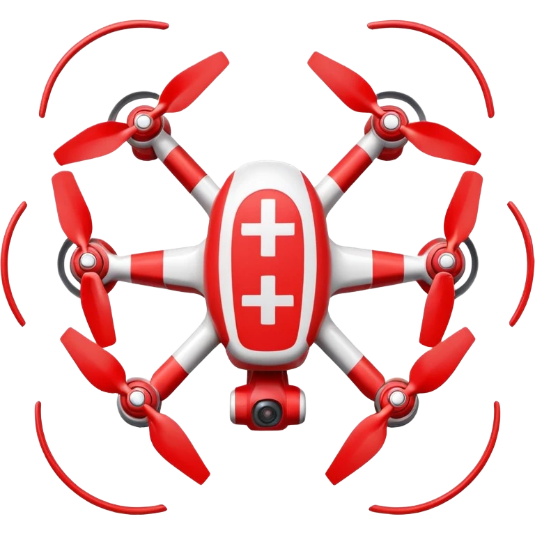 Rescue drone sticker, emergency quadcopter with medical cross symbol, red and white color, simple flat vector style, bold outline, transparent background emoji