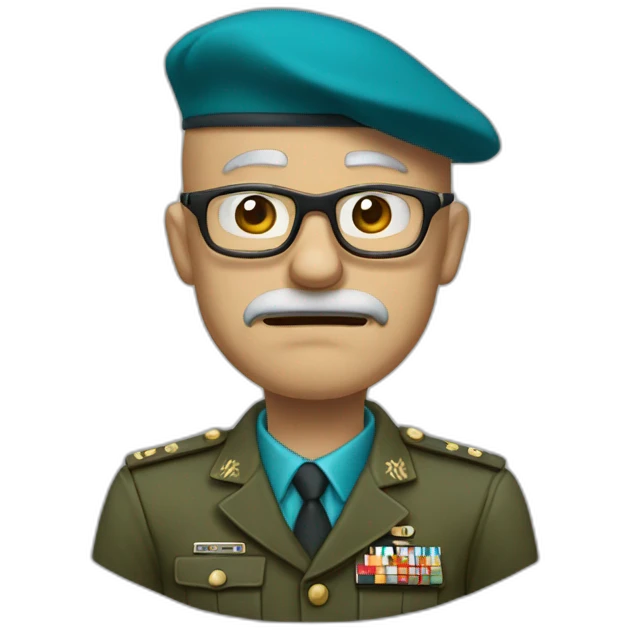 Realistic cyan beret bald very furious 50 years old man with glasses no hair furious very angry frown with khaki uniform emoji
