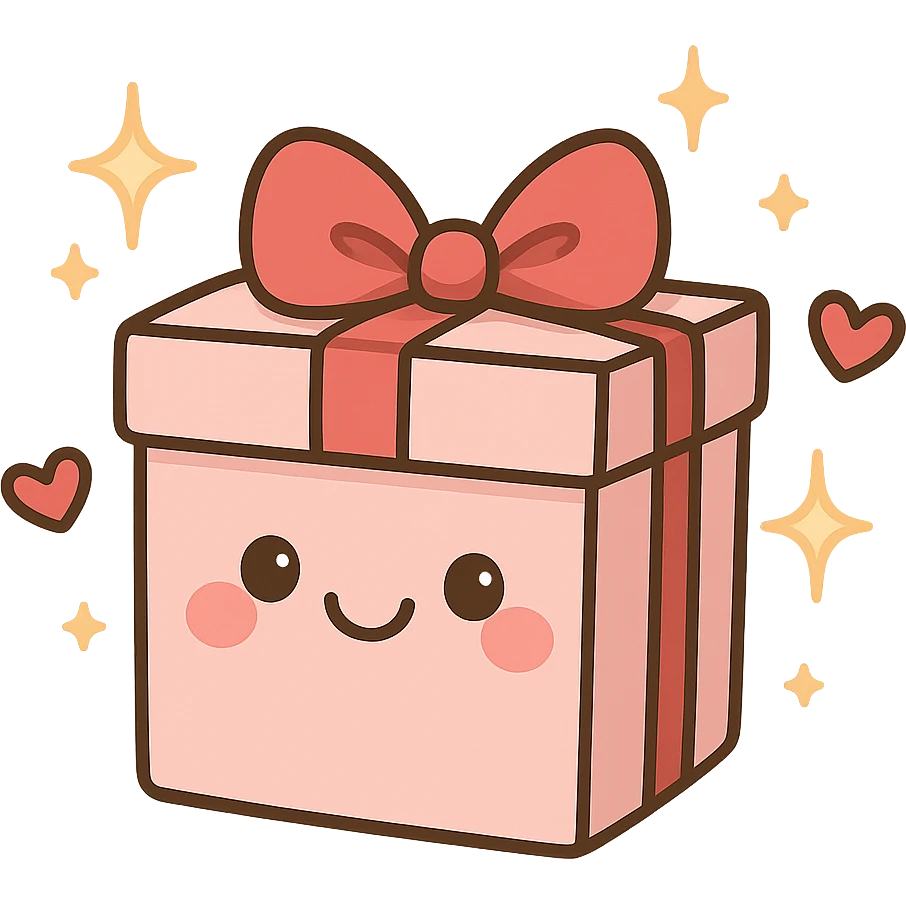 cute gift box with sparkling stars and hearts, smiling wrapping paper, remove background emoji