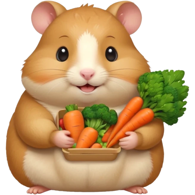 Cute chubby cartoon-style hamster holding a small bento box filled with vegetables, smiling proudly. Soft painterly shading, white background, sticker-style illustration emoji