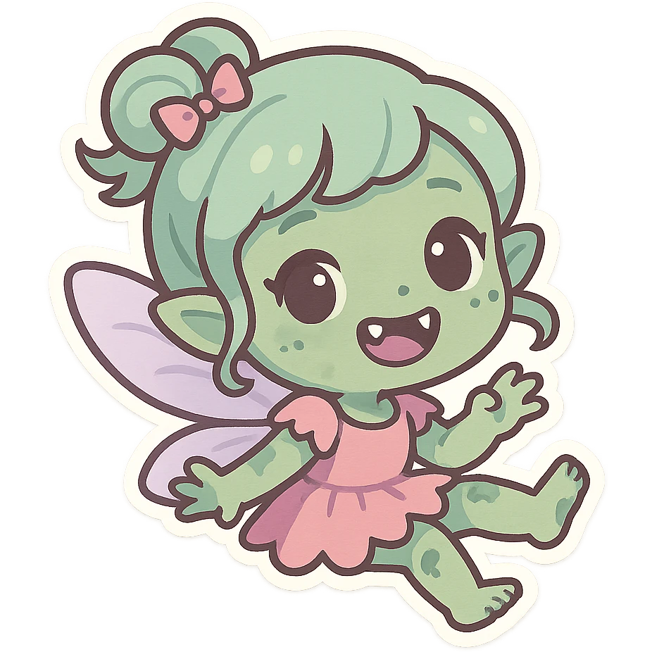 zombie fairy, cute chibi style, tiny fangs, pastel colors, playful pose emoji