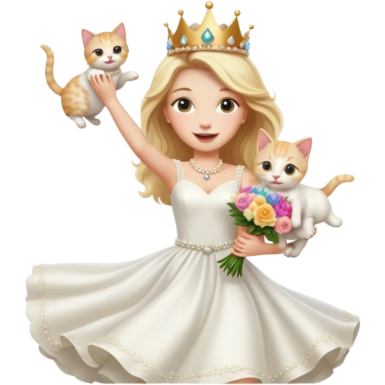White woman - long hair - white wedding dress - holding a kitten - happy - jumping - stylish - elegant - bouquet - dreamy - colorful - wearing a crown - pearl accessories emoji