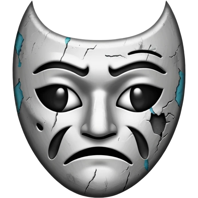 Minimalist emoji-style sticker of a sad theater mask with chipped surface, grayscale tones, one eye empty, slight burn marks

 emoji
