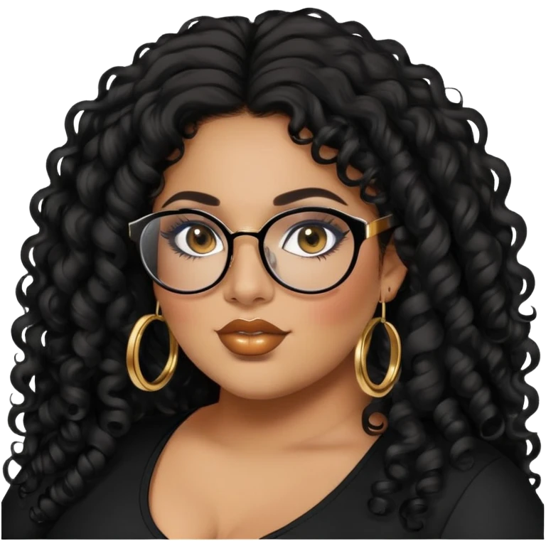 big plus size, latina, darker tan skin, gold hoops, long black curly hair, baddie,pretty, makeup, lipgloss, black eyeliner, long hair, black top, black glasses emoji