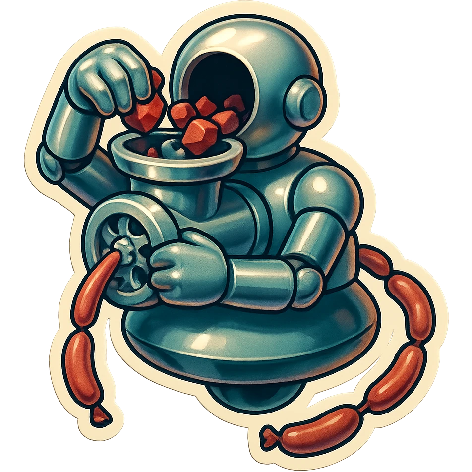 hovering robot. stuffs material into large hole on its top with 2 arms. no neck or head. large hole is where neck and head would be. spinning gears and blades in hole grind red chunks. sausage links come our of hole on backside.  3/4 view. between realism and cartoon. well lit. no dramatic lighting. metallic shiny robot. works diligently. dark humor emoji