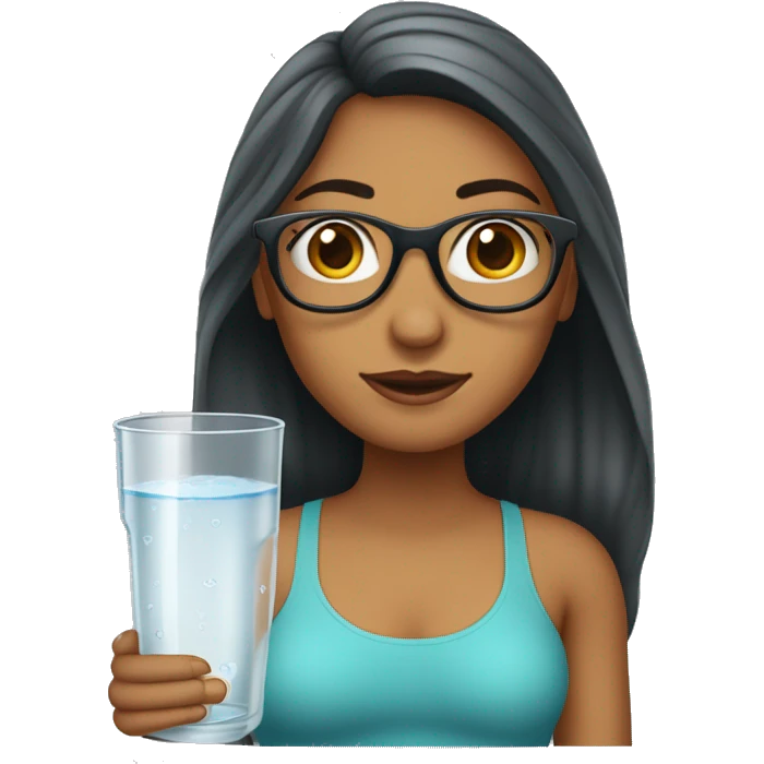 Mujer cabello castaño largo, piel pálida con lentes. con un vaso de agua pura para tomar. emoji