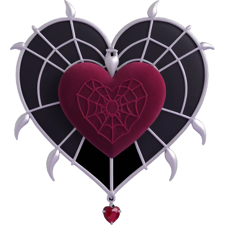 gothic heart, dark crimson velvet texture, silver spiderweb brooch, black feather accents, moody and rich emoji