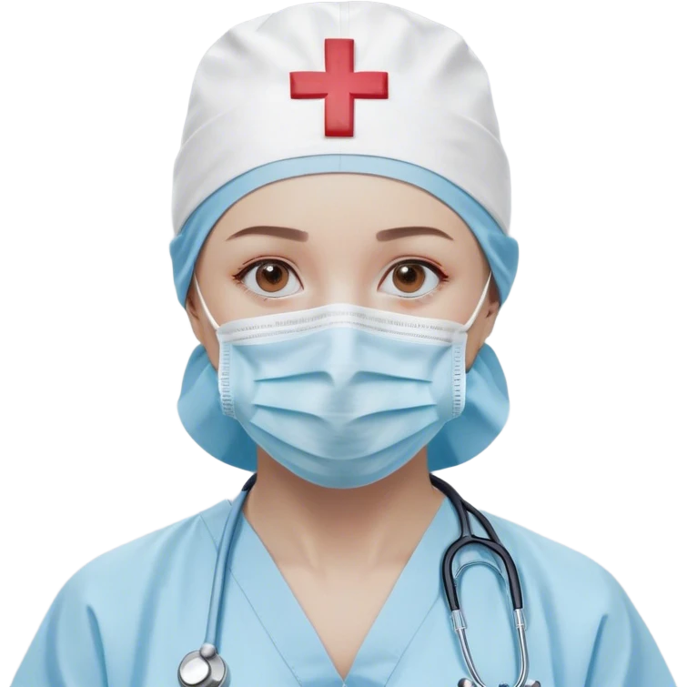 "A minimalistic bust of a surgeon wearing a light blue surgical cap and mask, covering the lower half of the face. The eyes are simple yet expressive, conveying focus and professionalism. The figure is dressed in a smooth, clean surgical gown with a small red cross emblem on the chest. A thin, simplified stethoscope drapes around the neck. The background features a subtle, abstract medical symbol like a heartbeat line or a small scalpel icon. The design is sleek and modern, with smooth lines and soft shading, following a minimalist emoji style emoji
