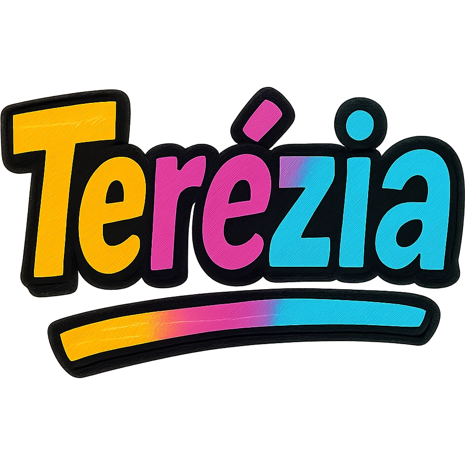 Terézia name in modern colorful gradient font with dark outline, dynamic slanted or partial underline, transparent background, in the style of reference patterns emoji