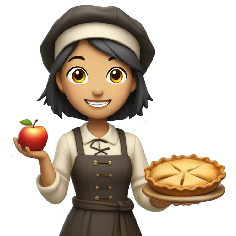 A cute pilgrim asian girl holding a steaming apple pie with a proud smile. emoji