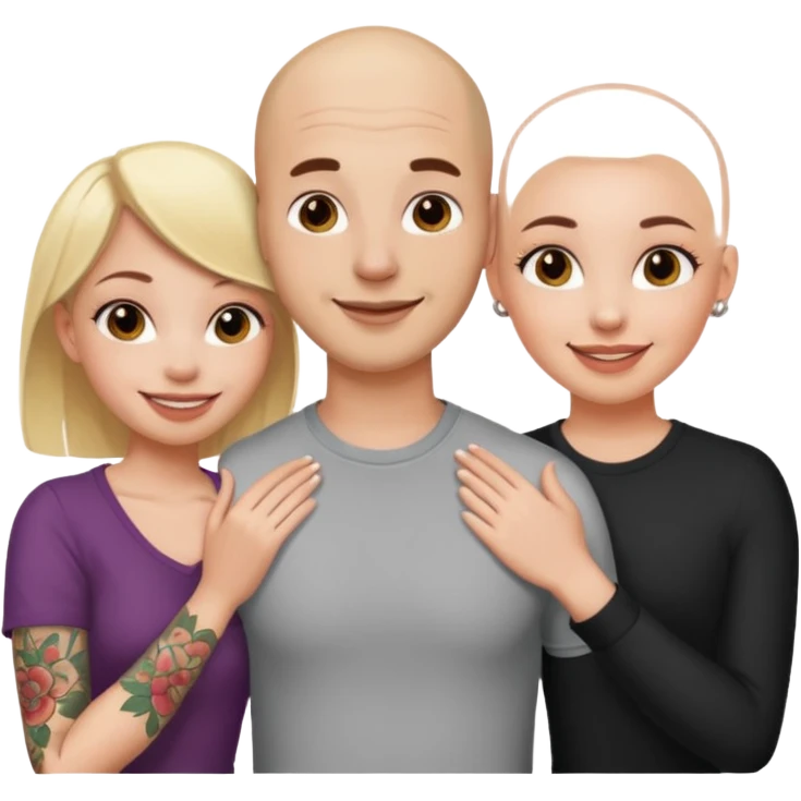 throuple tatted bald boyfriend with blonde girl friend and brunette girlfriend emoji