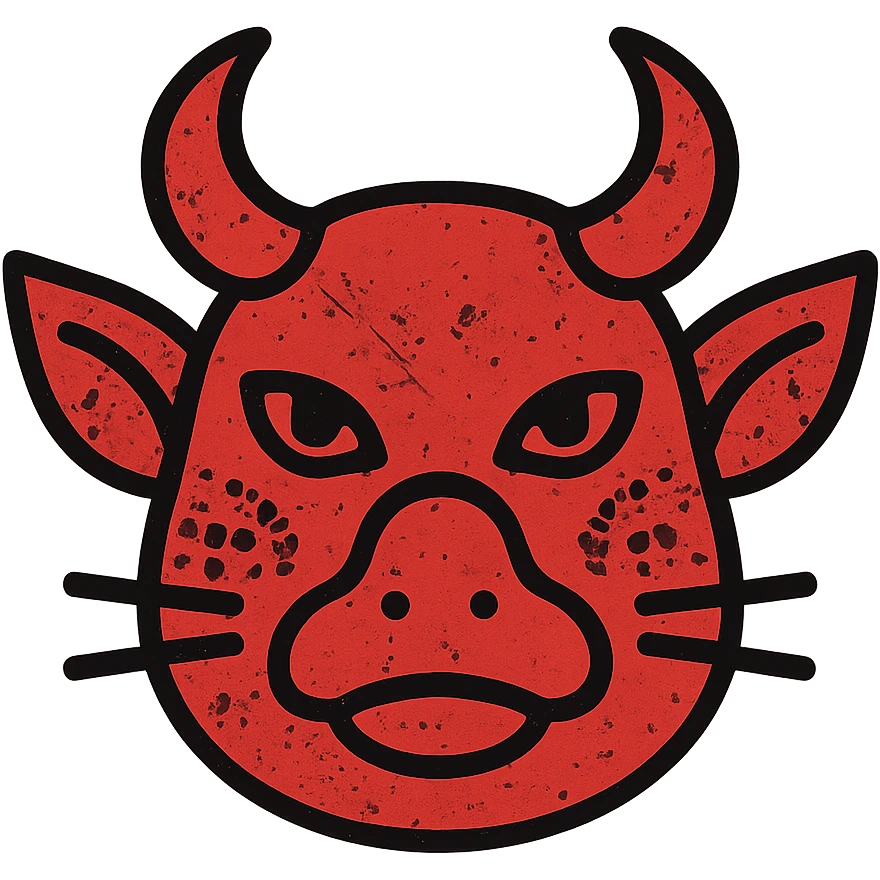 an extremely abstract, minimalist, and worn red icon combining: stoat eyes, minotaur skull horns, frog mouth, elf ears, moth wing textures as cheeks, cat whiskers, platypus bill as nose, and capybara head shape, all merged into one strange chimeric head, with scratched and weathered appearance, incomplete lines, and distressed texture, entirely red emoji