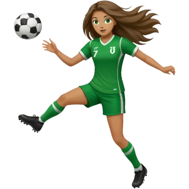Long Haired Football Players, Female player, green cloth, full body kick ball emoji