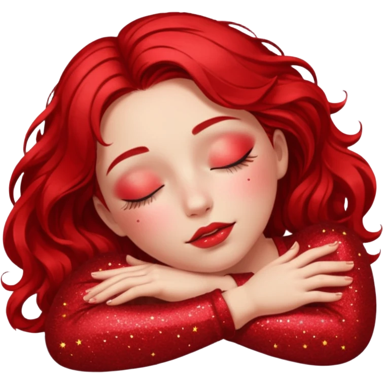 red glitter girl with closed eyes lying on the floor emoji
