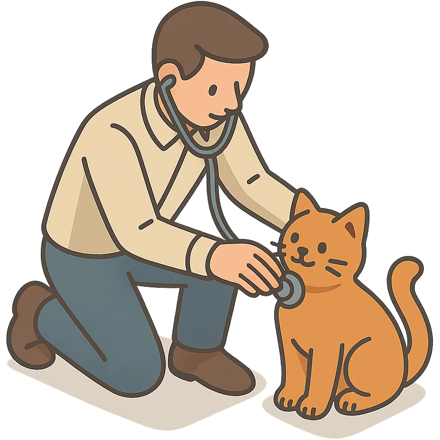 мужчина проверяет кошку, чтобы она была здорова и счастлива emoji