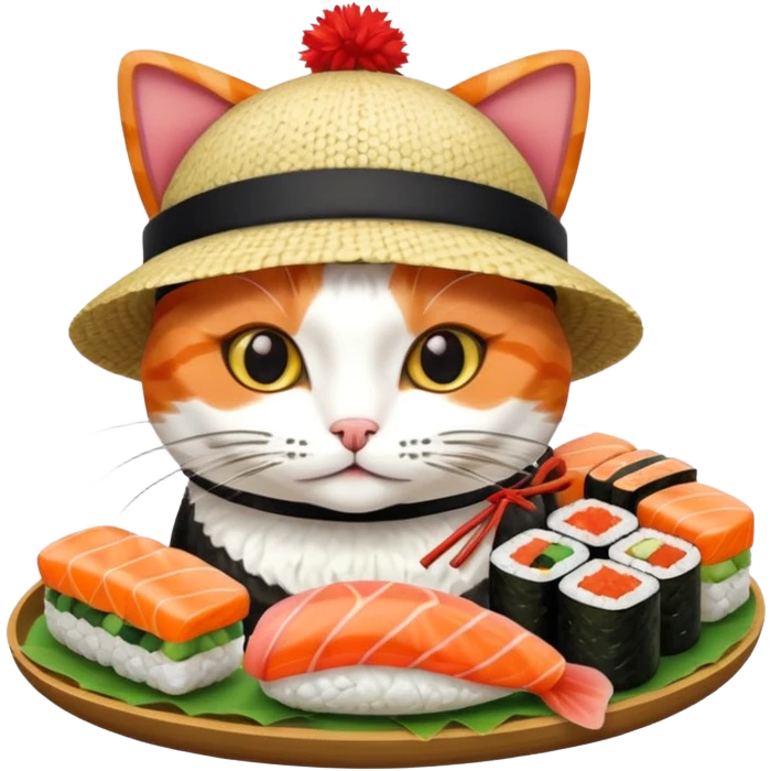 cat wearing a hat made out of sushi emoji