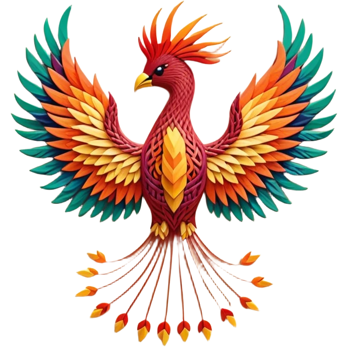 String art icon, colorful threads forming a detailed, vibrant phoenix (firebird) in front view, intricate patterns, pins on a board, minimalistic style, clean lines, transparent background. emoji