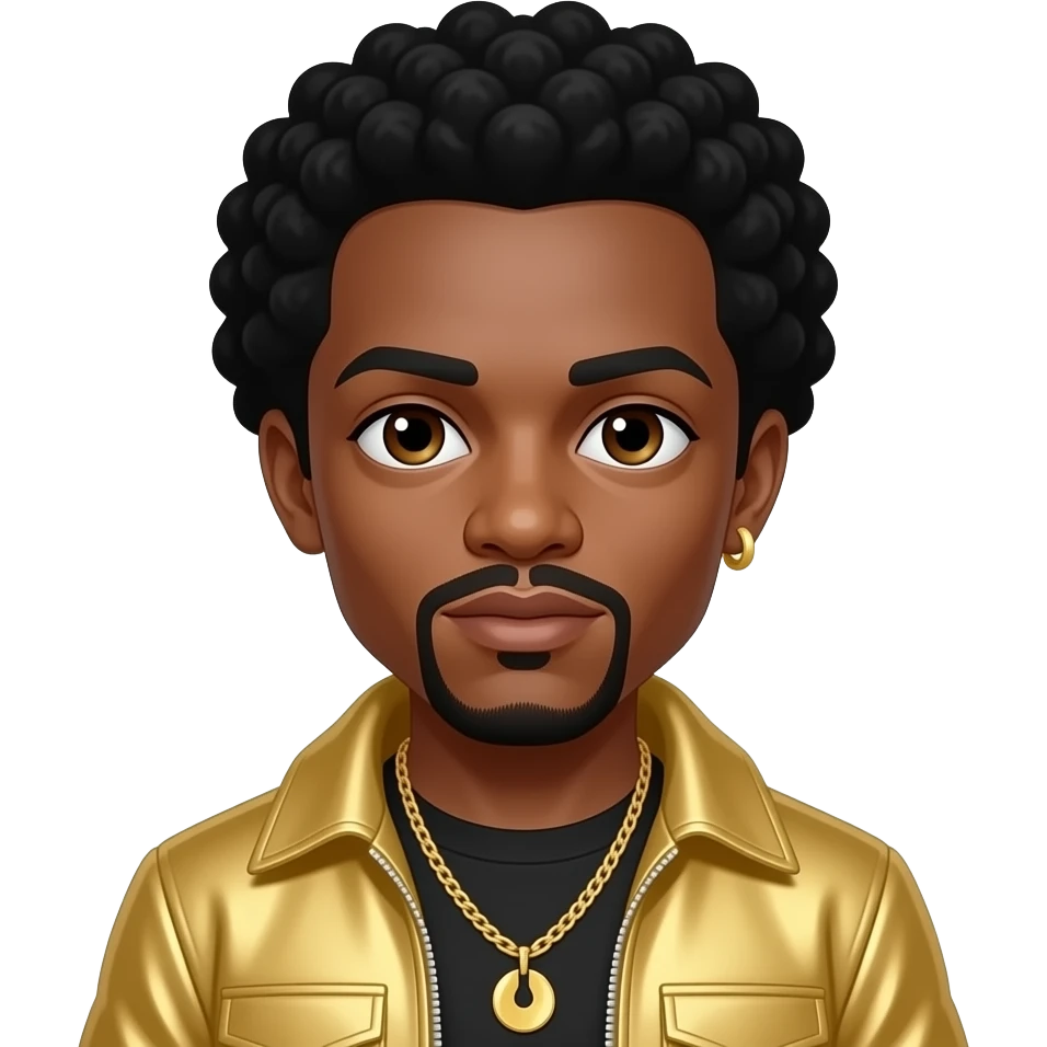 MC Hammer with brown eyes, black hair, gold hip hop outfit, necklace and earrings emoji