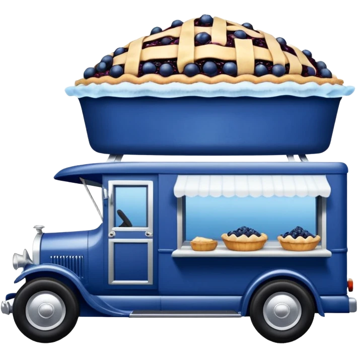 shiny crushed-dark-blue crystal-bodied frozen blueberry pie 1912 antique long-wheelbase cab over durable-looking low rider moving truck food truck  emoji