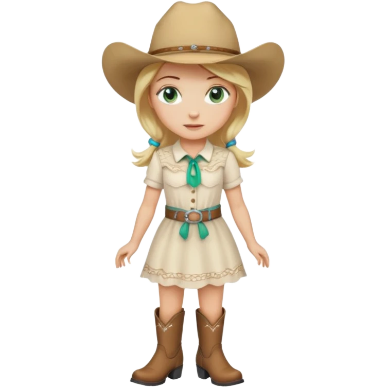 cowgirl bionda con occhi verdi/azzurri con un vestito bianco stivali e cappello beige emoji