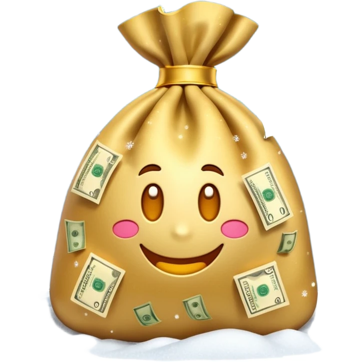 3D emoji style, money bag with dollar bills, New Year theme, snow particles, festive lighting, rich vibe, high detail, transparent background

 emoji