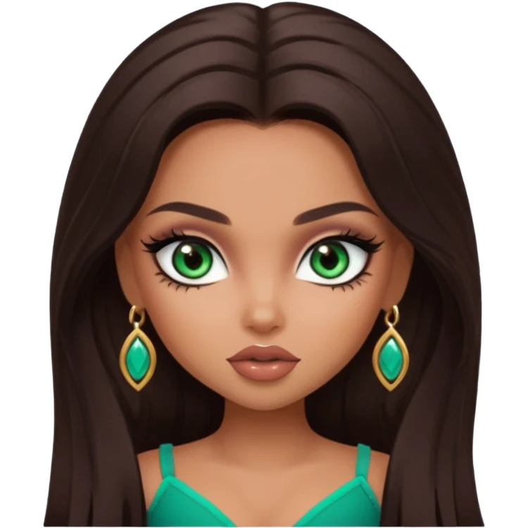 pretty bratz baddie,, pretty emerald eyes long darkbrown hair, pretty makeup, long lashes, latina features emoji