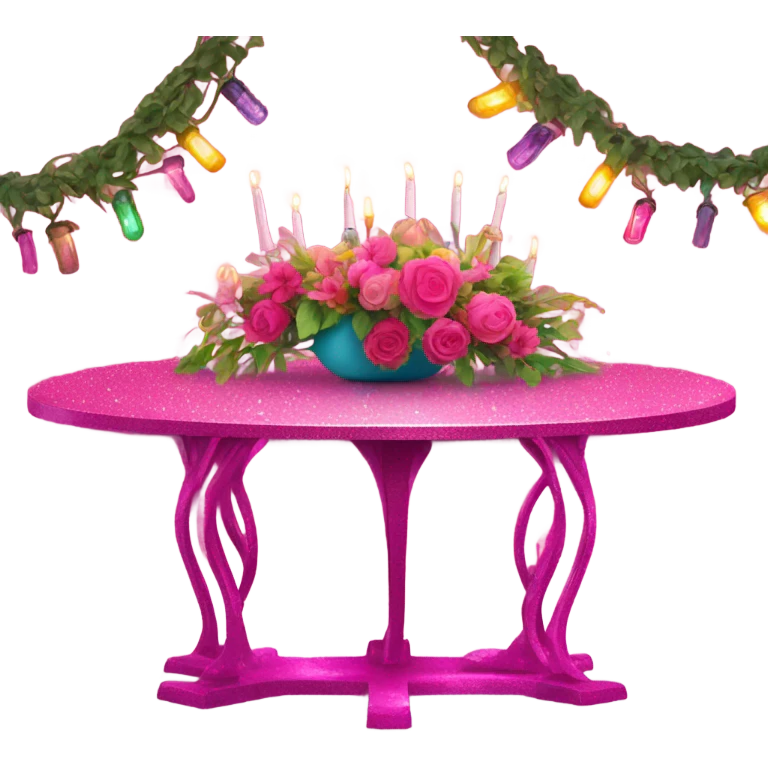Hot pink table with glitter covered in lights and vines and flowers  emoji