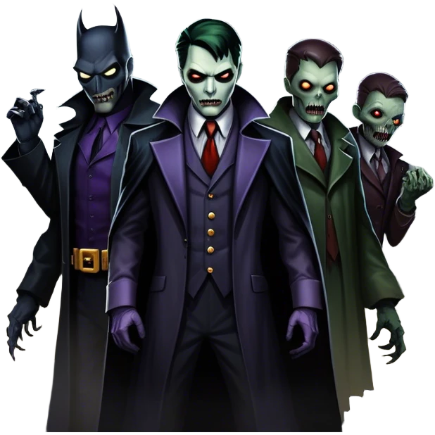 Icon for Thriller Movies: A large, dramatic collage featuring sinister villains and zombies in dark clothing. The background shows the gloomy cityscape of Gotham with dim lighting and eerie shadows. The atmosphere should be tense, mysterious, and suspenseful. Transparent background. emoji