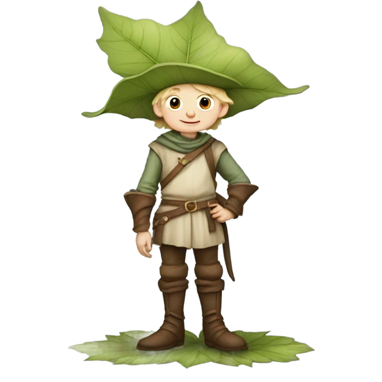 whimsical fairytale medieval pale boy who is tiny and wearing a giant leaf hat and big boots emoji