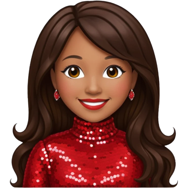 Erica Campbell from Mary Mary with long dark brown hair, red sequin outfit emoji
