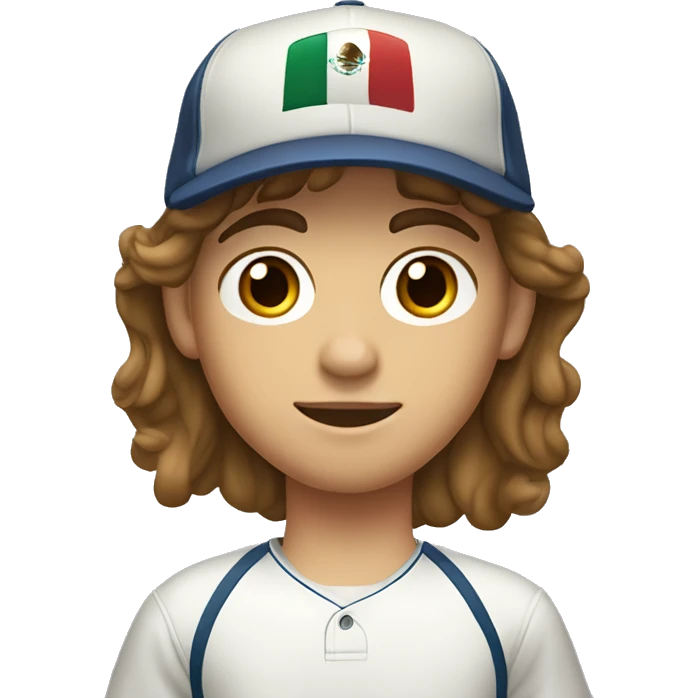Teenager boy type mexican, White skin, with baseball cap backwards with wavy brown hair (Which go down behind to the nape of the neck), Little bit dezoom emoji