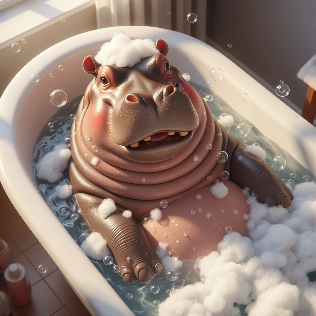 happy hippo with bubbles in bathtub emoji