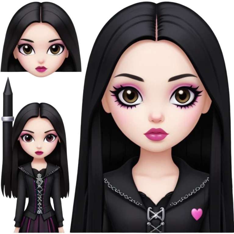 pretty bratz girl, black straight long hair, dark brown eyes, pink lips, black eyeliner, pale skin, black gothic clothes emoji