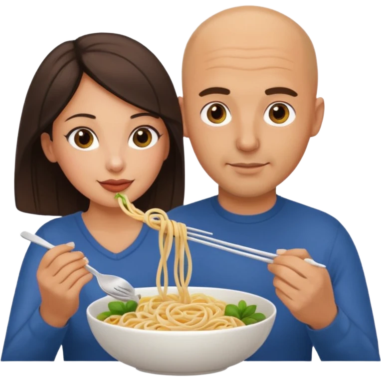 A handsome bald Italian feeding a brunette woman noodles emoji